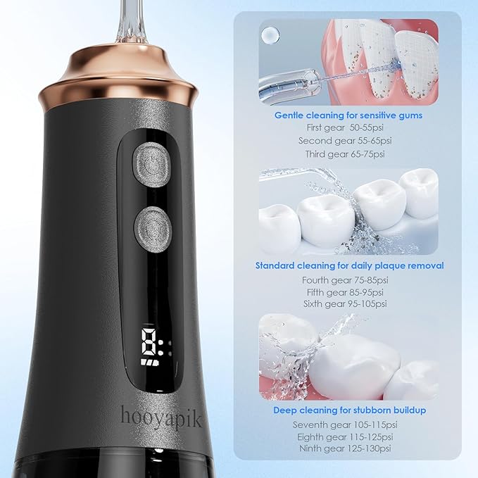 300ml Large Capacity Home Oral Irrigator 9 Modes Water Flosser with 4 Replaceable nozzles for Gum Care/Breath Remover/Dentures/Braces (D0051-Black&ampGold(8Tips))