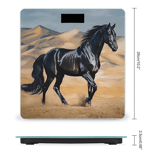 Black Arabian Horse Scale for Body Weight Anti-Slip Tempered Glass Digital Bathroom Scales Clear LCD Display Weighing Scale Safe Rounded Corners Smart Scales