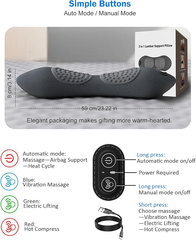 FSA Eligible HSA 3 in 1 Electric Lumbar Support Pillow -Lower Back Massager with Heat &amp VibrationAir Lift TechnologyErgonomic Memory Foam Back Massager for Pain Relief Deep Tissue