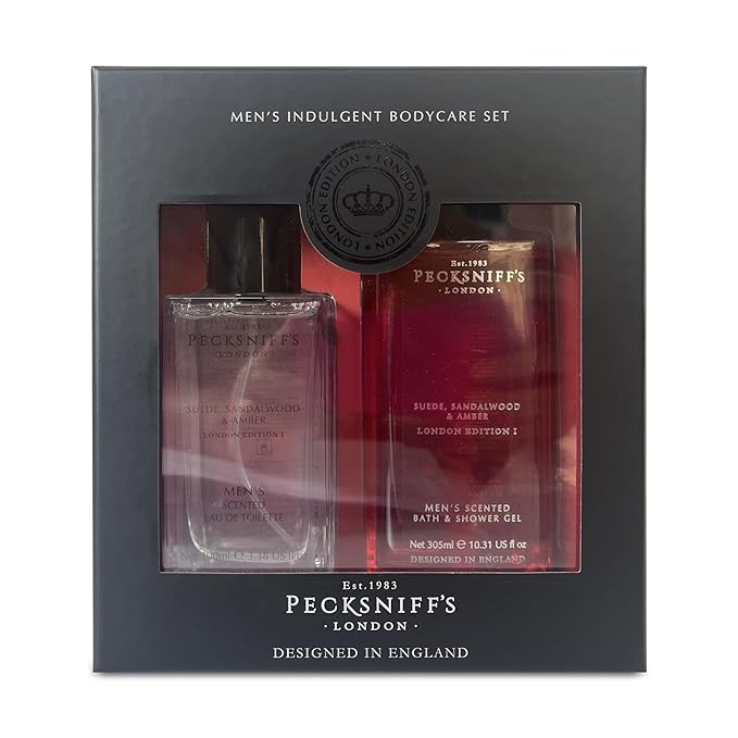 Pecksniff’s Men’s London Edition Fragrance Duo Gift Set – Suede Sandalwood &amp Amber Eau de Toilette 100ml &amp Bath &amp Shower Gel 300ml