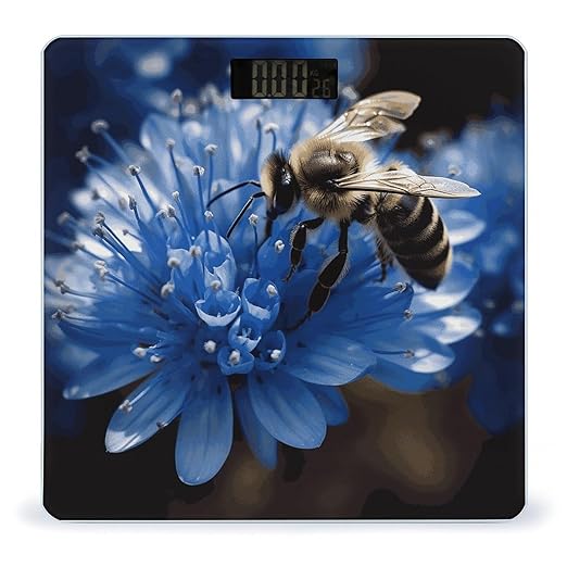 Blue Flower Bee Bathroom Scale for Body Weight Bathroom Weighing Scale with Backlit LCD Display Highly Accurate Measures Weight Up to 180kg