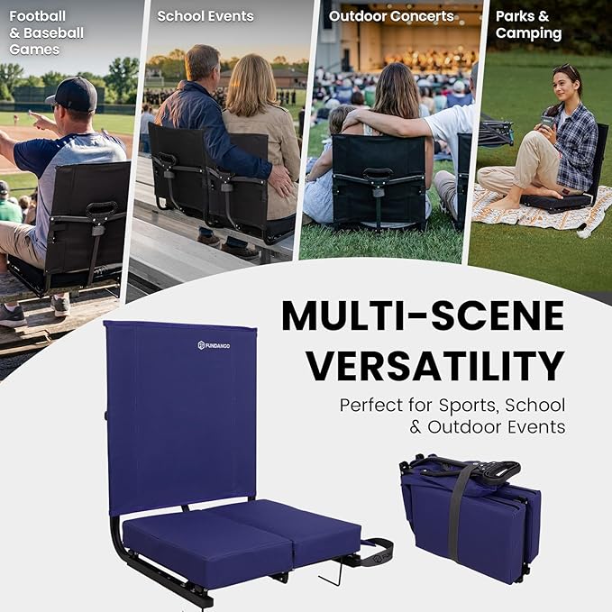 FUNDANGO Extra Wide Stadium Seats with Back Support for Adults Padded Bleacher Chairs with Back and Cushion Folding Bleacher Seats with Shoulder Strap for Football Baseball Sports
