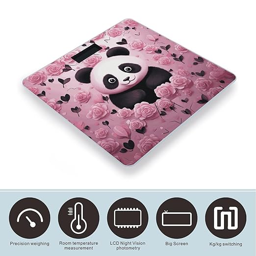 Pink Panda Pattern Scale for Body Weight Anti-Slip Digital Bathroom Scale Sturdy Toughened Glass Weighing Scales High Precision Safe Rounded Corners Smart Scales