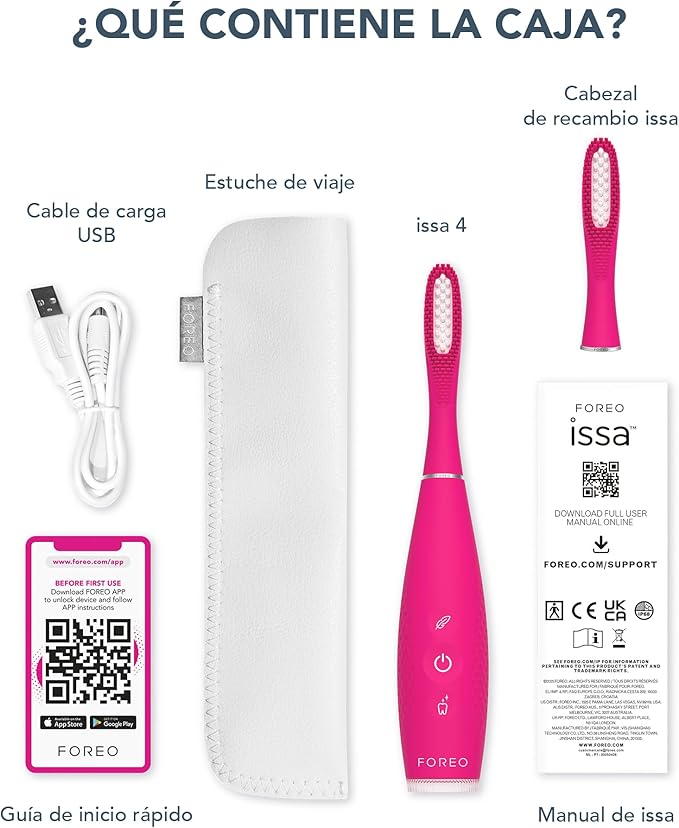 FOREO ISSA 4 Electric Toothbrush – 4-in-1 Rechargeable with Extra Brush Head Soft Bristles Long-Lasting Use Gentle Cleaning - Fuchsia