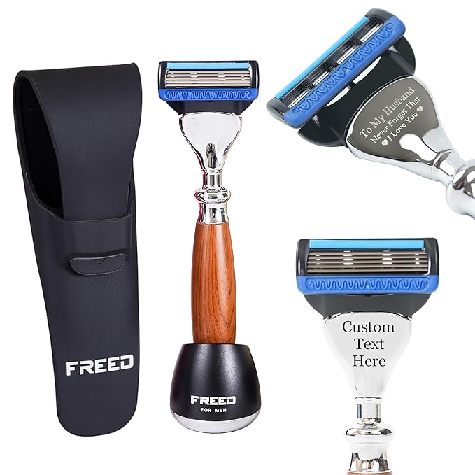 FREED Customized gifts Engraving Shaving Kit - Safety Razor with metal handle include razor base razor travel case and 5 Razor Blade Refillsit's the best gift for men (Nut Brown)