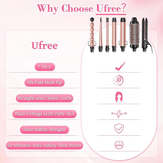 Ufree 7-in-1 Curling Iron Set with Interchangeable Ceramic Barrels Curling Wand Set with Thermal Brush Hair Straightener and Wand Curling Iron Versatile Styling Hair Curlers Set Gifts for Women