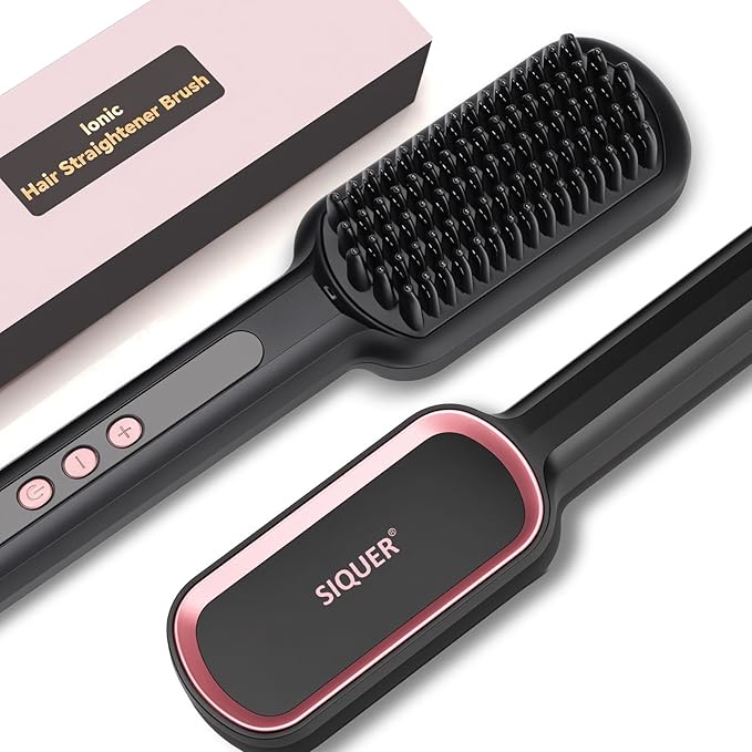 Hair Straightener Brush - SIQUER Ionic Hair Straightening Brush with 13 Temps LCD Display 45s Fast Heating 60mins Auto-Off Anti-Scald Ceramic Hair Straightener Comb for Home Salon Black