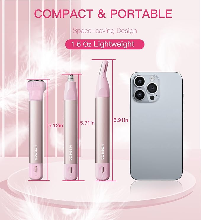 Nose Hair Trimmer for Women 3in1 Facial Hair Removal Trimmer - Metal Body Rechargeable Waterproof Portable - Nose Ear Eyebrow Peach-Fuzz Lips Chin (Pink)