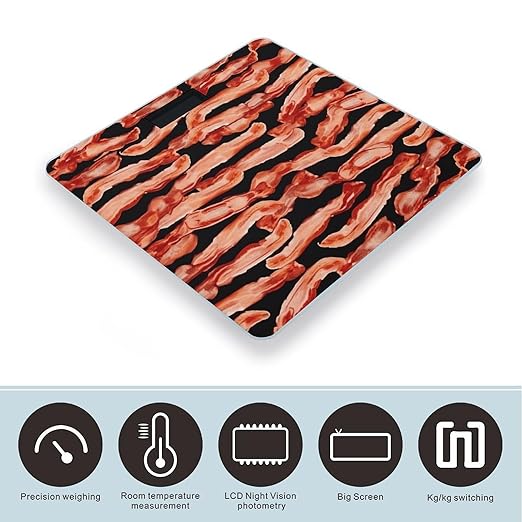 Bacon Pattern Scale for Body Weight High Precision Digital Weight Scales with LCD Display Anti-Slip Sturdy Slim Tempered Glass Bathroom Scale for Home Use