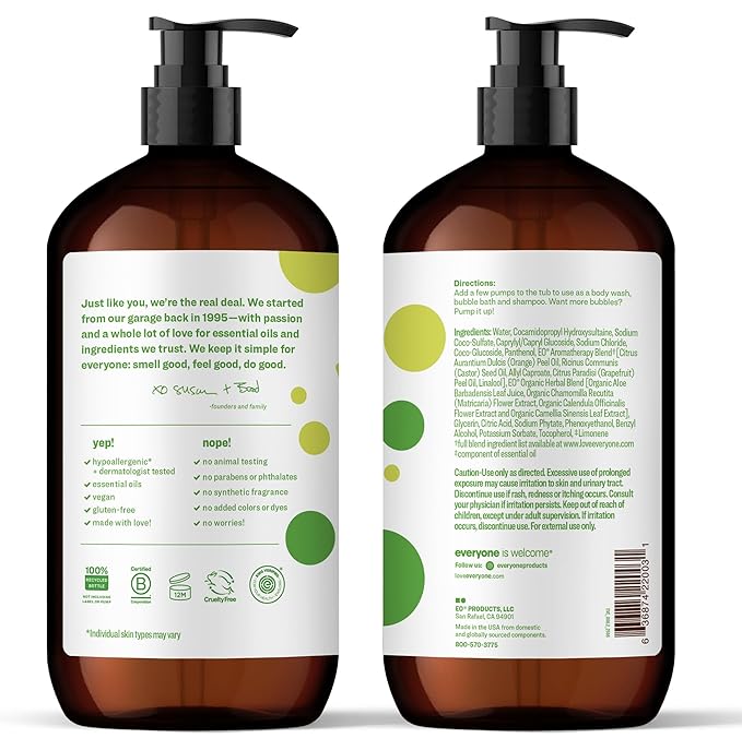 Everyone 3-in-1 Kids Soap Body Wash Bubble Bath Shampoo 32 Ounce (Pack of 2) Tropical Coconut made with Essential Oils for Toddlers tweens and teens