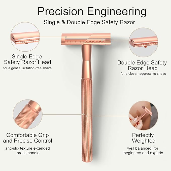 Rose Gold Safety Razor Kit with Exfoliating Gloves
