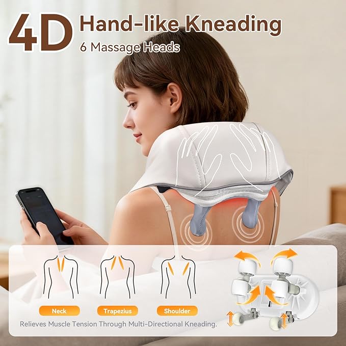 Cordless 4D Shiatsu Neck Massager with Heat - Deep Tissue Kneading Pillow for Back &amp Leg Pain Relief Portable Rechargeable Gift for Men &amp Women Ivory White