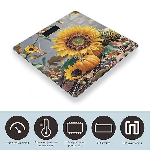 Fall Pumpkin Sunflower Bathroom Scale for Body Weight Bathroom Weighing Scales with Back Lit LED Display Sturdy Tempered Glass Body Weight Bathroom Scale 400lb Weighing
