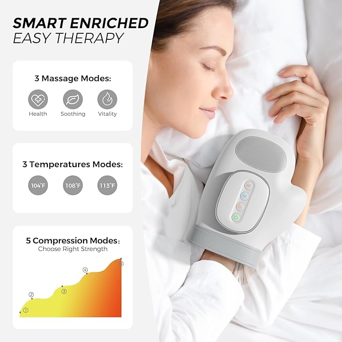 WUX Hand Massager with Heat Compression Relief 3 Massage 4 Temperatures 5 Compression Models Therapy Glove Arthritis &amp Wrist Carpal Tunnel Muscles Pressure Point Therapy Ideal Gifts for Women/M