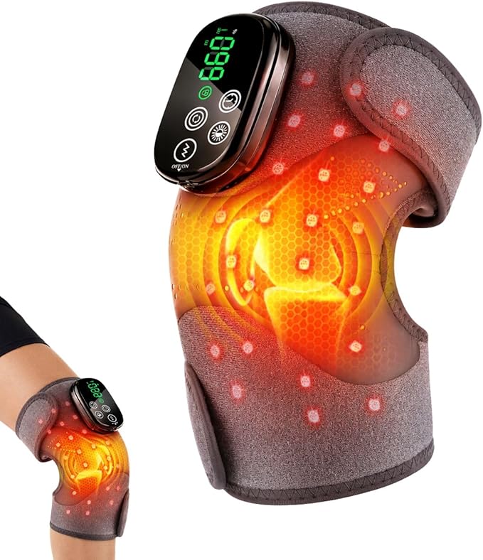 Red Light Therapy Knee Massager with Heat &amp Vibration - 3-in-1 Infrared Heated Knee Brace for Pain Relief - Adjustable Heating Knee Pad &amp Wrap for Elbow &amp Shoulder - Rechargeable for Men &