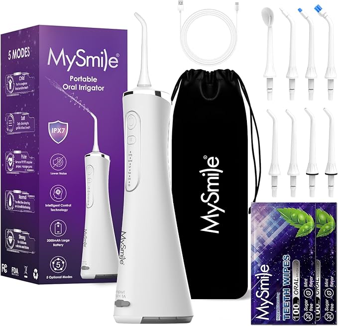 MySmile LP211 Water Flosser Cordless for Teeth 5 Modes Portable Oral Irrigator 260ML Water Dental Picks for Sensitive Teeth Cleaning IPX7 Travel Rechargeable Water Flossing &amp2 Teeth Wipes