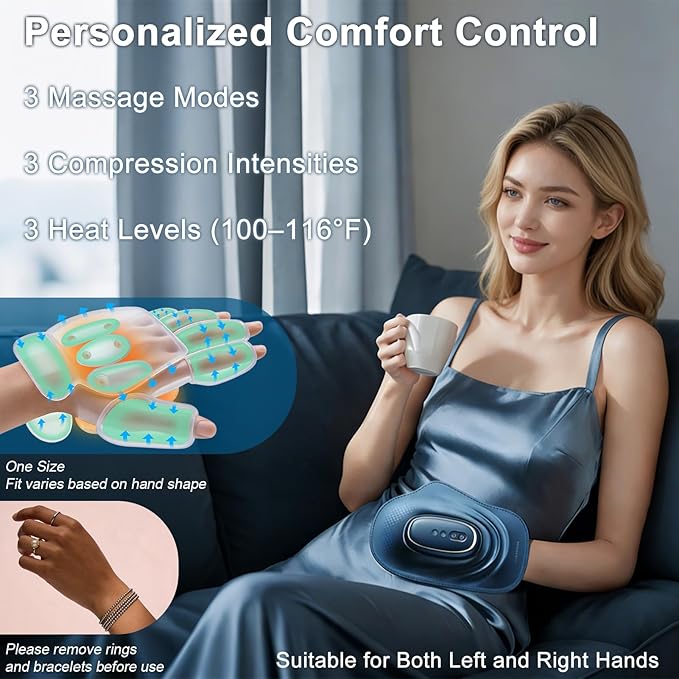 Portable Hand and Wrist Massager with Heat and Compression 3 Modes 3 Intensities and 3 Temps (100°F–116°F) Palm &amp Finger Massage Rechargeable Home Office Travel (Blue)