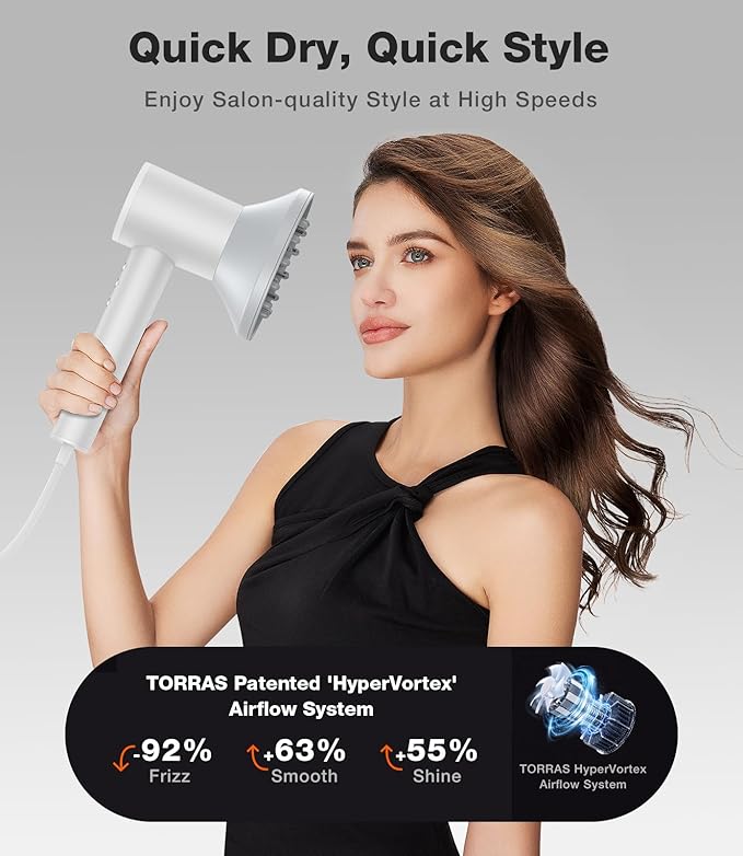 TORRAS Stream High Speed Hair Dryer Arctic White 1600W Hair Care Mode 200 Millions Ionic Technology 3 Speeds &amp 3 Heat Levels with Concentrator &amp Diffuser