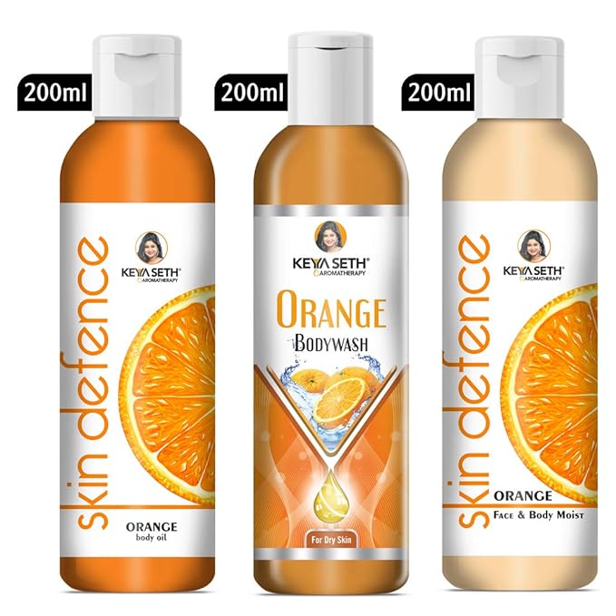 Keya Seth Aromatherapy Complete Body Care Combo Enriched with Vitamin C Orange Body wash 200ml + Skin Defence Orange Body oil 200ml + Orange Face &amp Body Moisturizer 200ml