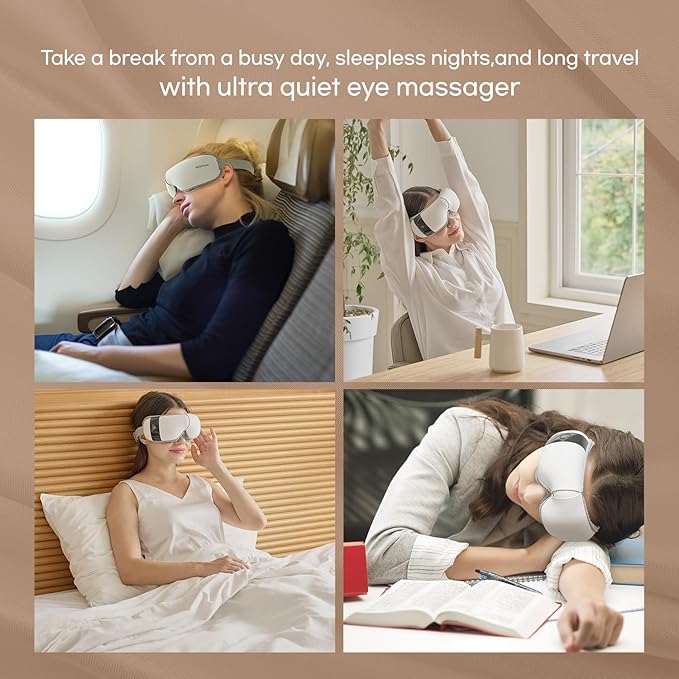 HubiCare Ultra Quiet with Double Pad Eye Massager under 30dB Heat &amp Cooling for Enhanced Comfort Airbag and Bluetooth Music for Dark Circles Dryness Relieve Strain and Migraine Relief Relaxati