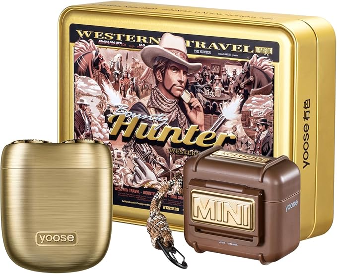yoose Bounty Hunter Mini Shaver Gift Set Portable Alloy Travel Shavers Cordless Shaving USB-C Rechargeable Electric Razor for Men Dry Shave IPX7 Waterproof Easy Cleaning Battery Indicator Gold