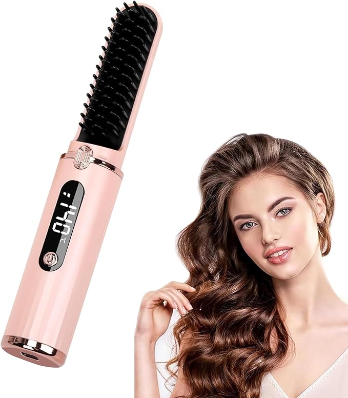 Cordless Hair Straightener Brush USB Rechargeable Portable Travel Hair Straightener with LED Display Screen 3-Speed Temperature Adjustable and Fast Heating Function for Travel Home(Pink)