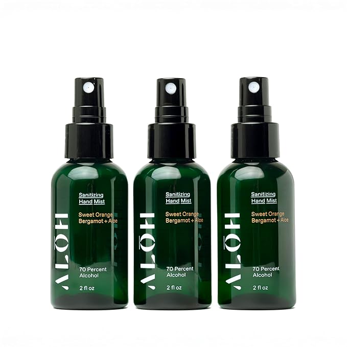 ALŌH Hand Sanitizer Mist 3-pack | Sweet Orange Bergamot + Aloe | 70% Alcohol Hydrating Hand Sanitizer Spray with Essential Oil for Kids &amp Adults | 2oz Travel Size Bottle (set of 3)