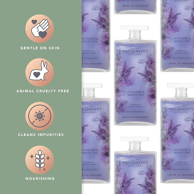 Pecksniff’s Lavender &amp White Tea Foaming Bath Soak – Luxury Bubble Bath 1L / 33.8 fl oz Made in England