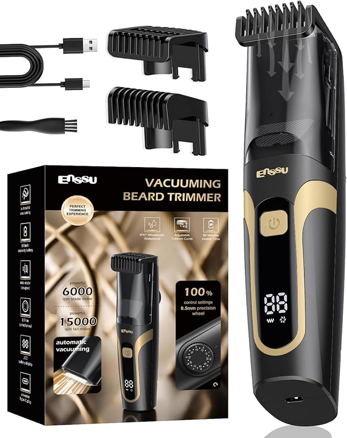 Beard Trimmer for Men Auto-Vaccum Rechargeable Electric Men Beard Trimmers with 2 Combs 1-20mm Adjustable Length Dial Waterproof Cordless Mustache Trimmer for Face Stubble
