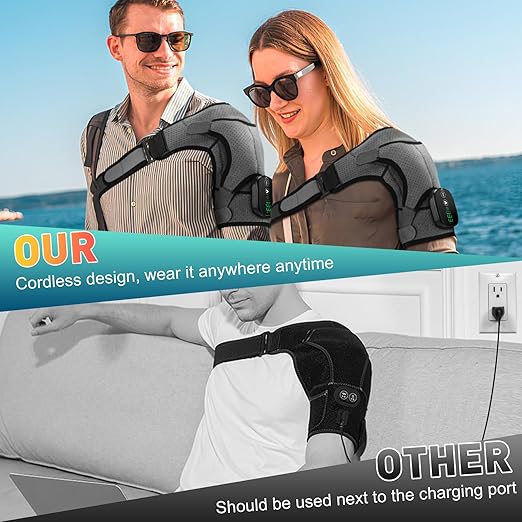 Cordless Portable Shoulder Heating Pad &amp Massager Heating Vibration Shoulder Wrap Shoulder Brace for Pain Relief Rotator Cuff Support for Men &amp Women Black&ampGrey