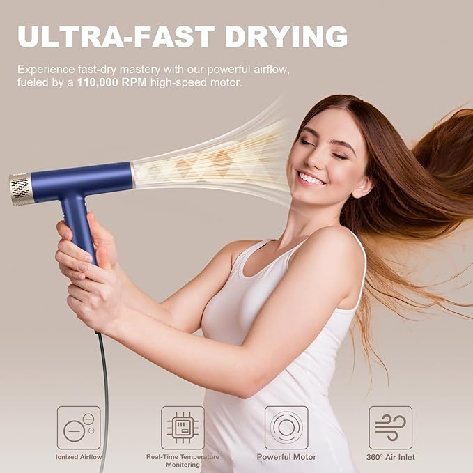 YAPOY Professional Hair Dryer with Diffuser Fast Drying 200 Million Ionic Blow Dryer with 110 000 RPM High-Speed No Heat Damage Intelligent Thermo-Control Low Noise Blue