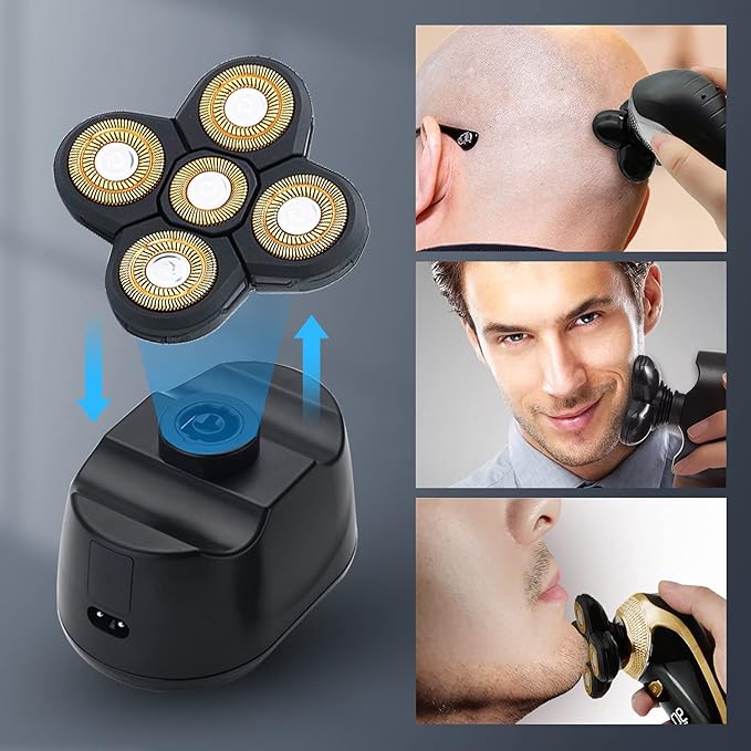 Replacement Head for Electric Shaver 5D Close Mens Electric Razor Head Waterproof Head Shavers for Men Replacement Head Wet &amp Dry Bald Shavers Blade (Gold)