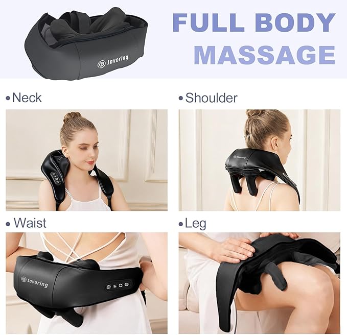 Cordless Neck and Shoulder Massager with Heat Electric Deep Tissue Kneading for Back Pain Hands-Free Shiatsu Massage Pillow Portable for Home Office Travel