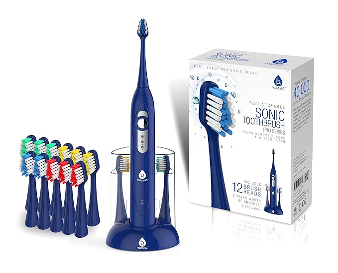 Pursonic S430 High Power Rechargeable Electric Sonic Toothbrush with 12 Brush Heads &amp Storage Charger Blue