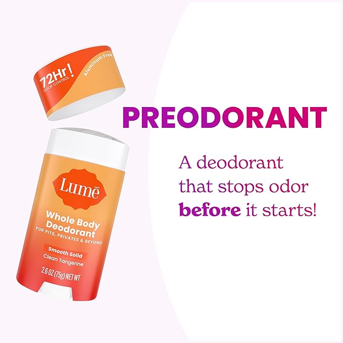Lume Whole Body Deodorant - Smooth Solid Stick - 72 Hour Odor Control - Aluminum Free Baking Soda Free and Skin Safe - 2.6 Ounce (Pack of 2) (Clean Tangerine)