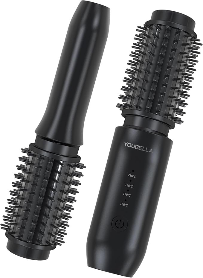 Youbella Cordless Hair Curling Iron Brush Mini Travel Hot Straightener Comb 3-In-1 Portable Wave Curling Wand 1.5″ Ionic Heated Brush USB Rechargeable Hair Curler All Black –No Automatic Rotation