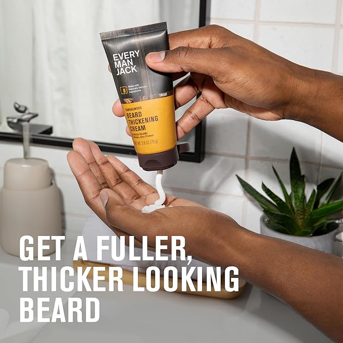 Every Man Jack Beard Thickening Cream - Strengthens Thickens Nourishes Beard - Light Sandalwood Scent - Made with Naturally Derived Ingredients like Biotin Vitamin B6 Soy Protein - 2.8oz - 2 Pack