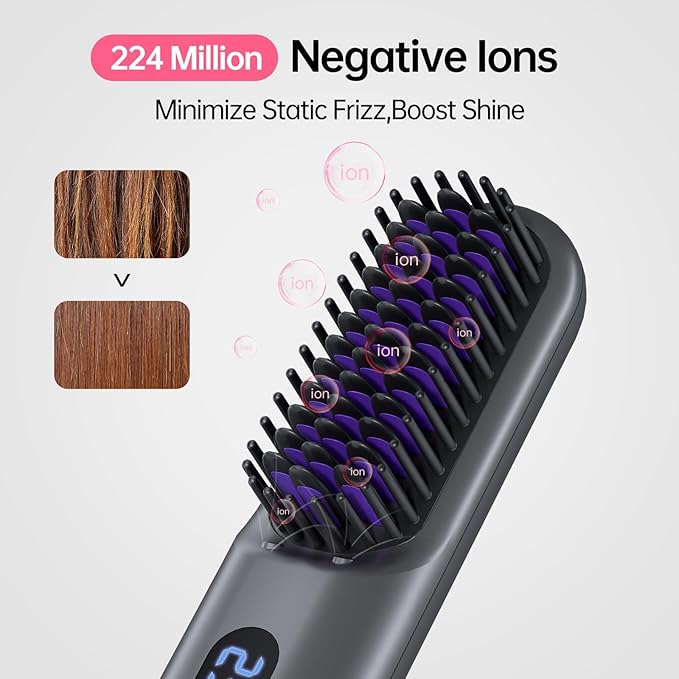 Cordless Hair Straightener Brush-Portable Straightening Comb 9600mAh Batt Plasma Tech 9 Temp-Settings &amp LED Display for Travel &amp Home (Grey)