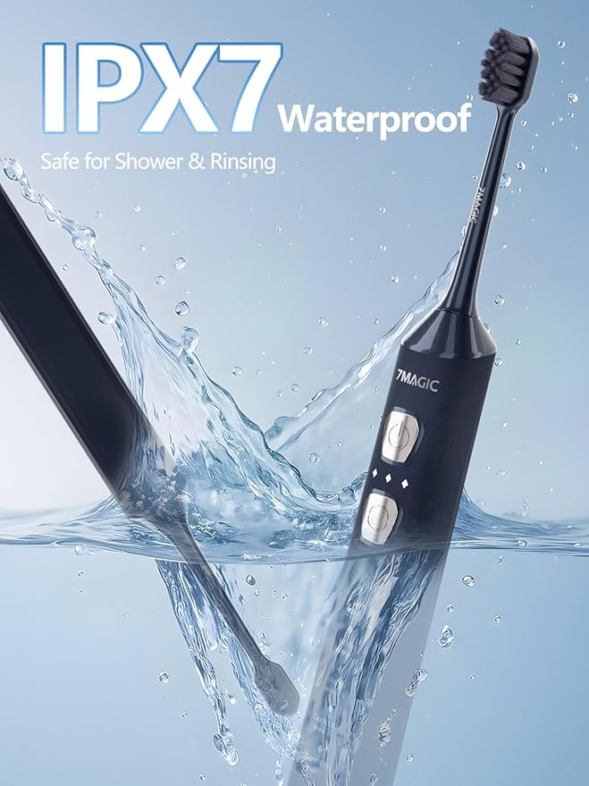 7MAGIC Sonic Electric Toothbrush for Adults and Kids - Up to 180 Days Runtime 42000 VPM Powered Toothbrush 5 Modes &amp 3 Intensities for Sensitive Teeth &amp Braces Includes 8 Brush Heads Navy