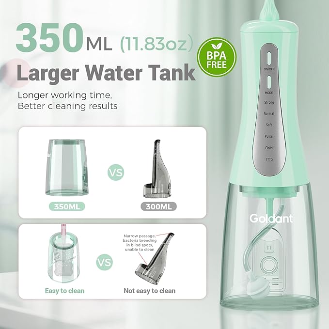 2026 New 350ML Water Flosser with Drainage &amp Storage Stand Keeps Dry &amp Clean 5 Modes 360°Nozzle Cordless Rechargeable IPX7 Waterproof Portable for Home &amp Travel (Green)