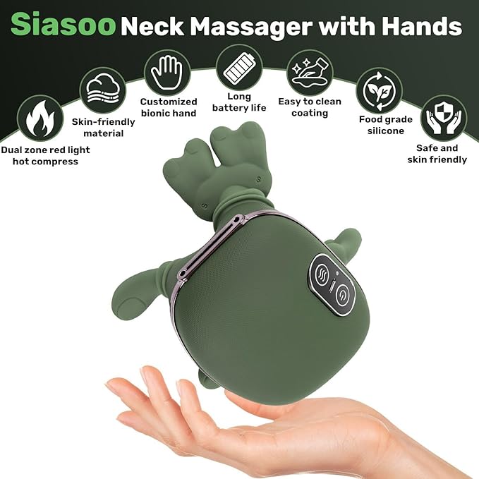Bionic Heated Massager Master Tissue Shiatsu Electric Massage for ShoulderMassage Neck with 4D Kneading Ergonomic Hand-Like Design for Deep Tissue Pain Relief (Green)