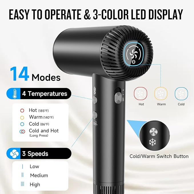 2026 Hair Dryer 200000 RPM Professional High Speed Blow Dryer with Diffuser for Women 1200M Negative Ionic Hair Dryer with Brushless Motor Low Noise Hair Blow Dryer for Home Travel Salon Black
