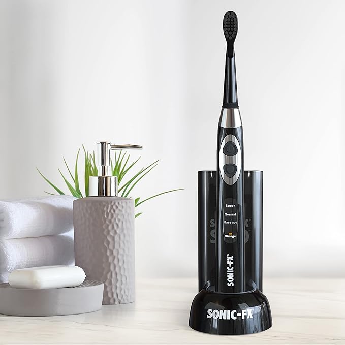 Sonic-FX Solo Electric Toothbrush w/ 10 Brush Heads + 1 Interdental Charcoal Bristles Rechargeable Charging/Storage Base 3 Brush Modes Smart Timer 2 Months Use on Full Charge Black Color