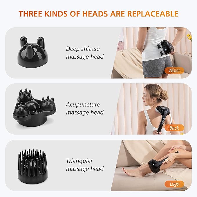 Snailax Cordless Handheld Back Massager with Heat Deep Tissue Percussion Massager 3 Sets of Dual Pivoting HeadsRechargeable Hand Held Massager for NeckBack ShoulderCalfLegs