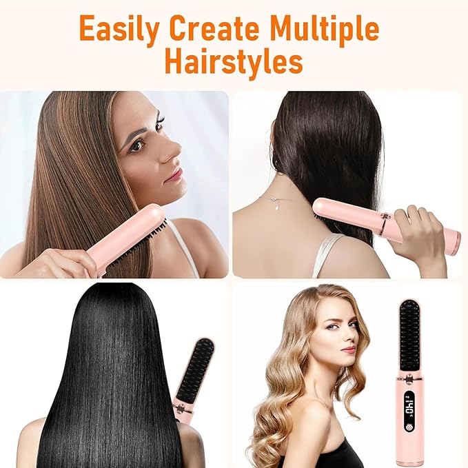 Cordless Hair Straightener Brush USB Rechargeable Portable Travel Hair Straightener with LED Display Screen 3-Speed Temperature Adjustable and Fast Heating Function for Travel Home(Pink)
