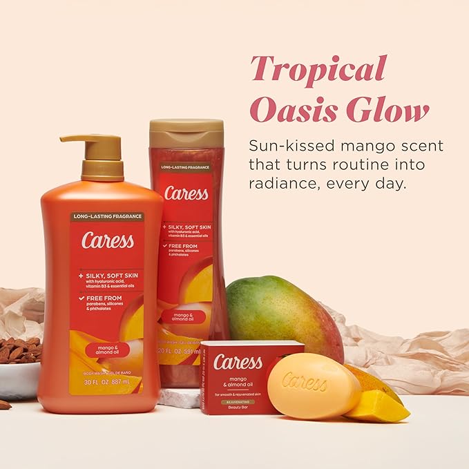 Caress Mango &amp Almond Oil Body Wash Hyaluronic Acid &amp Vitamin B3 for Moisturized Silky Soft Skin Long-Lasting Tropical Fragrance 20 fl oz (4 Pack)
