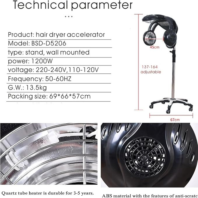 1200W Stand Hair Dryer Hood Orbiting Infrared Hair Dryer Orbiting Hair Color Processor &amp Multi-Function Dryer AcceleratorTemperature &amp Height Adjustable Standing with Rolling Base