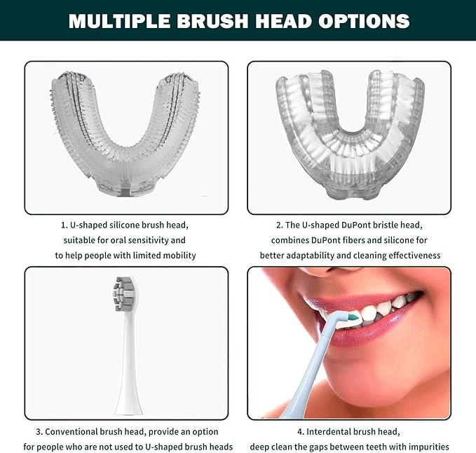360° U-Shaped Automatic Sonic Toothbrush for Adults Suitable for People with Limited Mobility Original Newupgrade Electric Toothbrushes Multiple Brush Heads OptionsIPX7 Waterproof