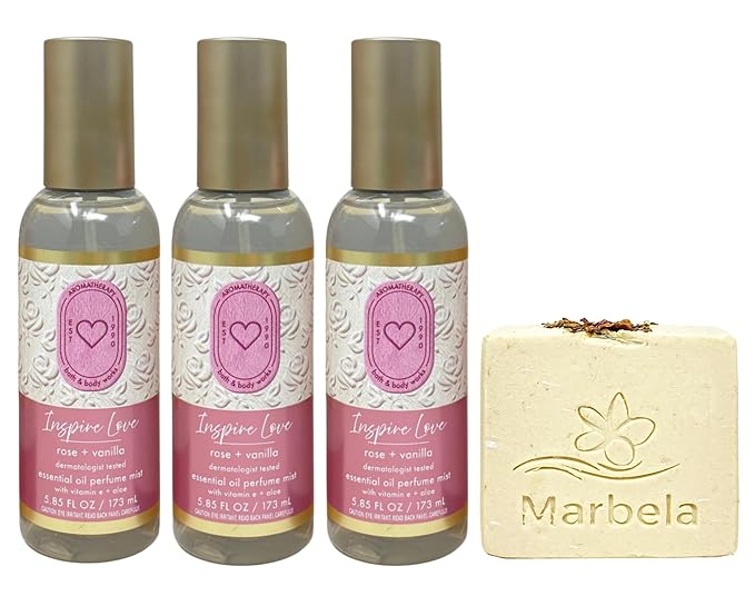 Bath &amp Body Works Aromatherapy Inspire Love Rose + Vanilla 3 Essential Oil Perfume Mists with a Creamy Rose Bar Soap