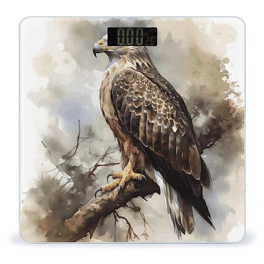 Watercolor of Hawk Sitting in The Tree Bathroom Scale for Body Weight Bathroom Digital Electronic Weighing Scale with Back Lit LED Display Sturdy Tempered Glass Weight Watchers Scales 400lb